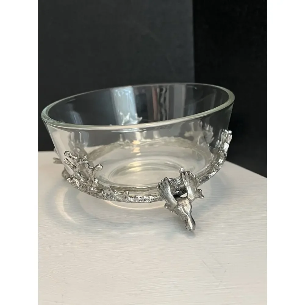 Stag Head Pewter Glass Bowl Cocktail Pick Holder & Picks 3pc Set Condiment Lodge